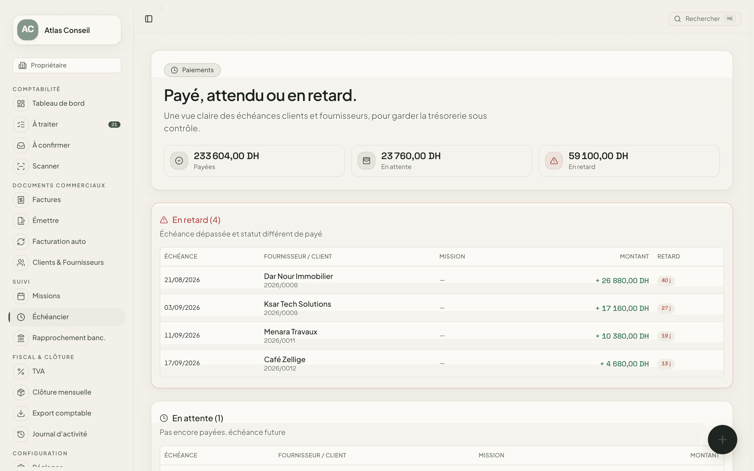 Échéancier MySunday : paiements payés, en attente et en retard avec nombre de jours de retard par facture