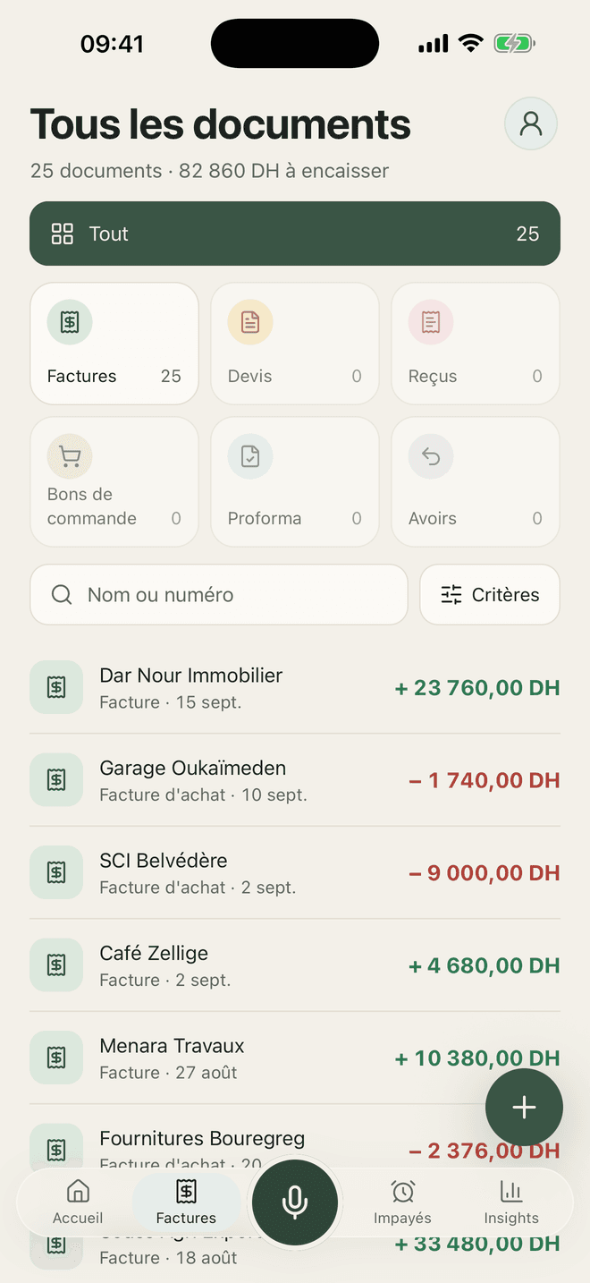 Tous les documents dans l’app MySunday : factures, devis, reçus, bons de commande, proformas et avoirs