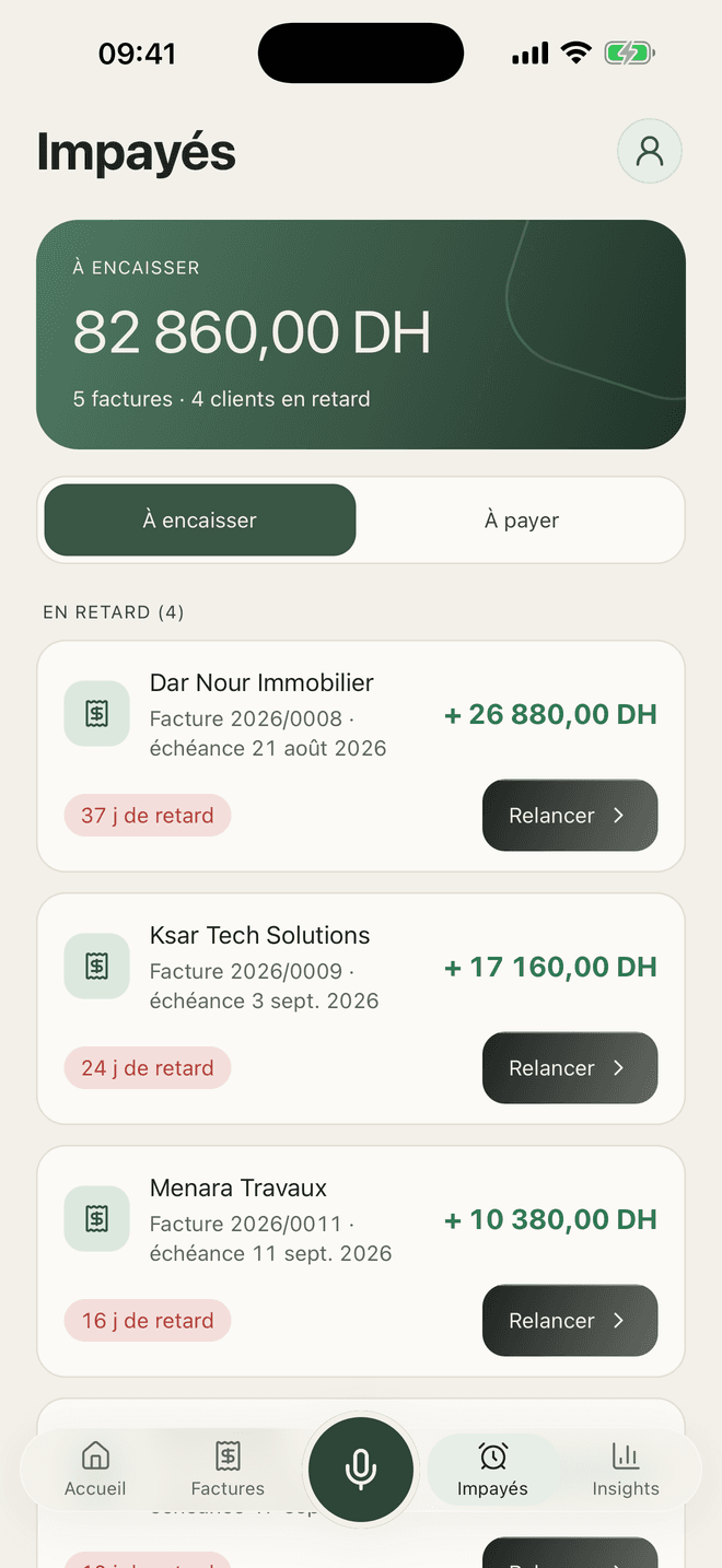 Impayés dans l’app MySunday : montant à encaisser, factures en retard avec jours de retard et bouton Relancer