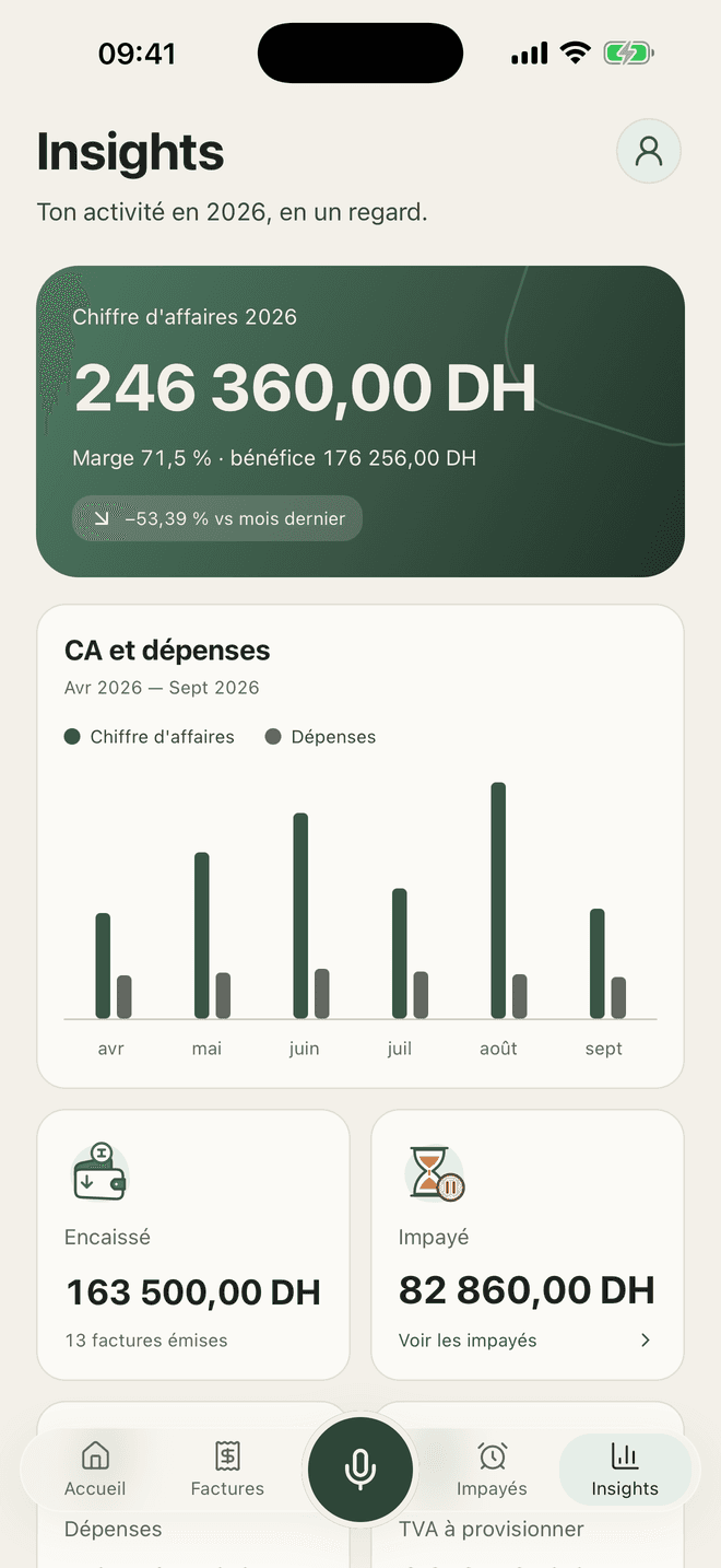 Insights de l’app MySunday : chiffre d’affaires de l’année, marge, chiffre d’affaires et dépenses par mois