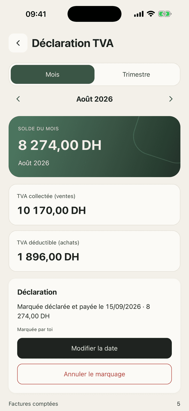 Déclaration TVA du mois dans l’app MySunday : TVA collectée, TVA déductible et solde du mois