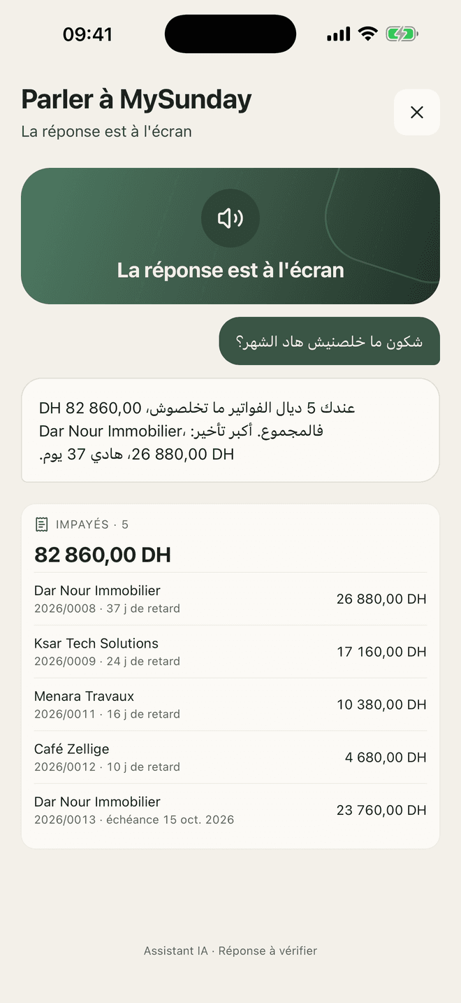 Question posée en darija à MySunday : la réponse s’affiche à l’écran avec la liste des impayés et leurs montants