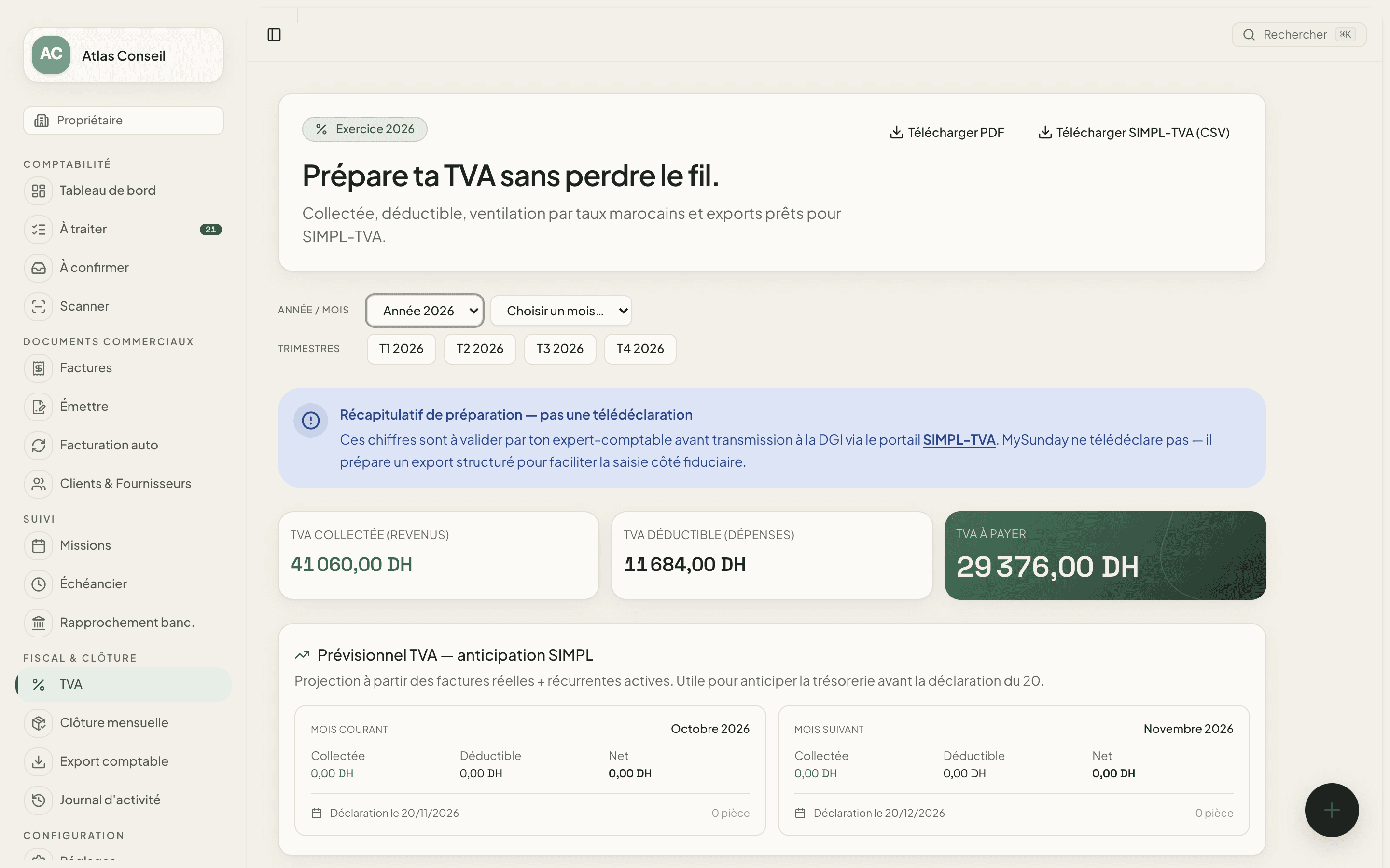 Préparation TVA dans MySunday : TVA collectée, déductible et à payer, ventilation par taux officiels marocains, export SIMPL-TVA