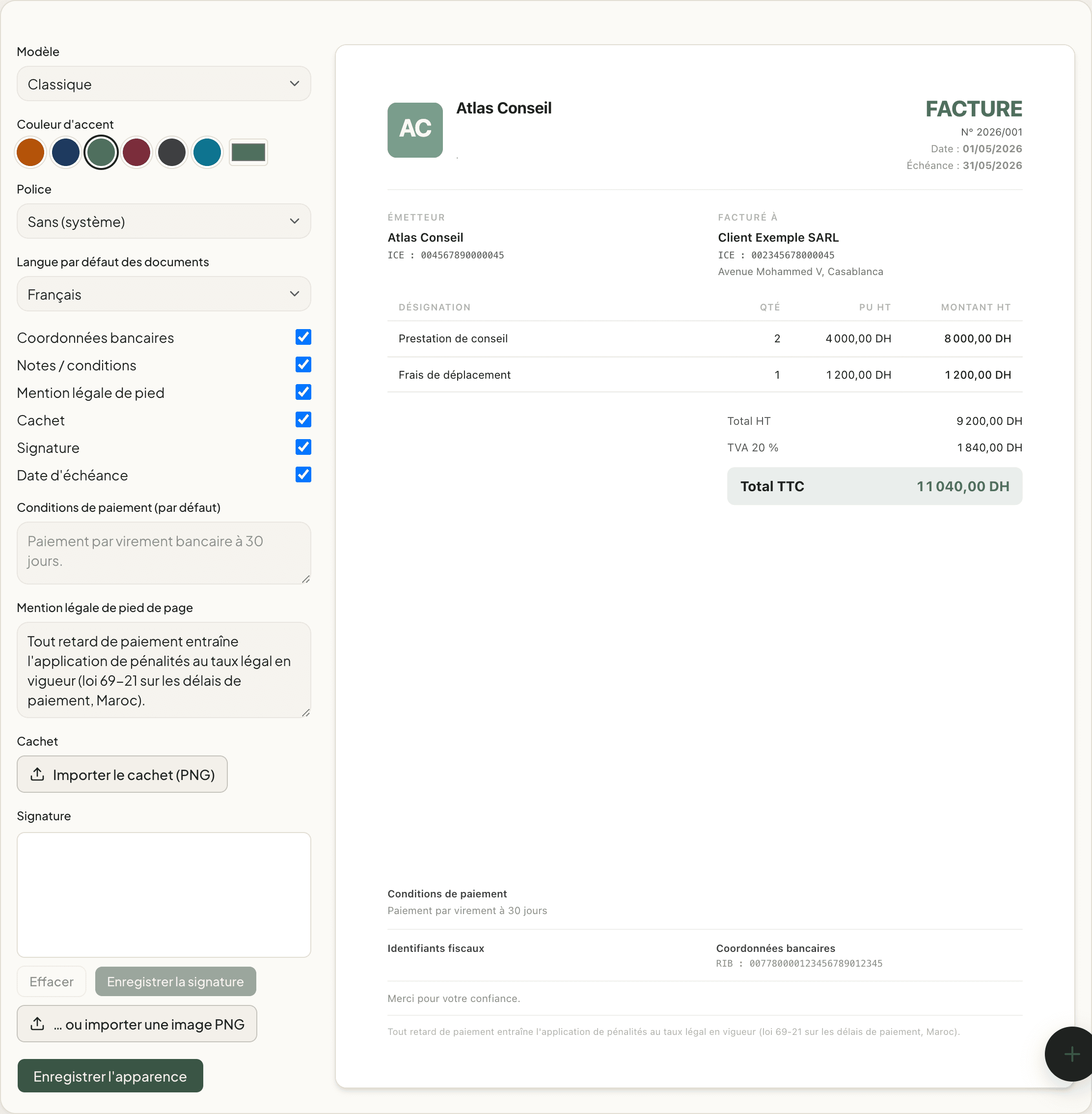 Écran Réglages → Apparence des factures de MySunday : contrôles à gauche (modèle, couleur d’accent, police, langue des documents, blocs affichés, conditions de paiement, mention légale, cachet, signature), aperçu A4 en direct à droite avec logo, totaux HT, TVA et TTC, et coordonnées bancaires.