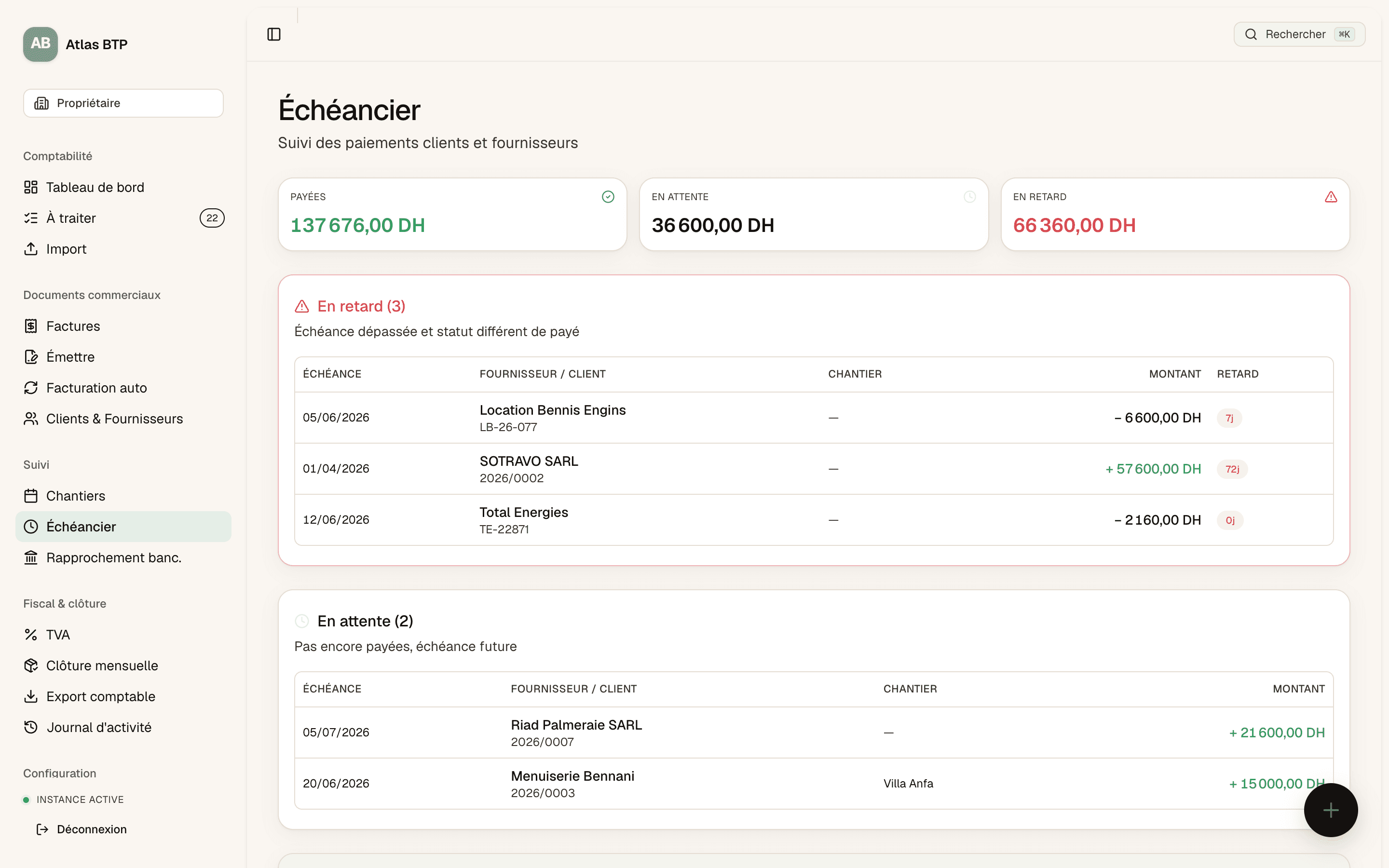 Échéancier MySunday : paiements payés, en attente et en retard avec nombre de jours de retard par facture