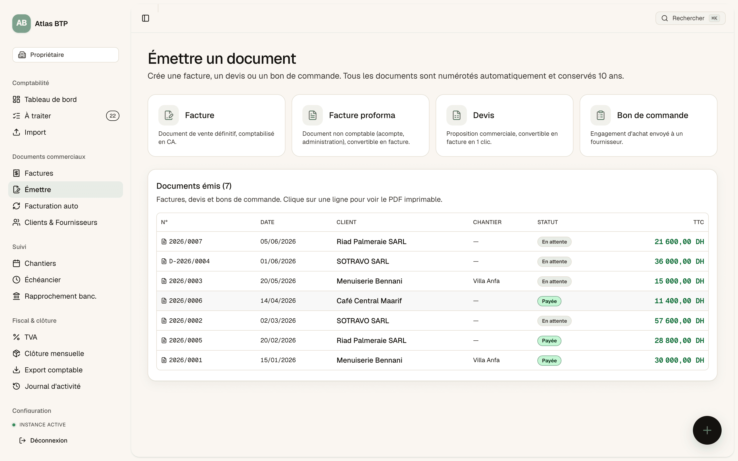 Émission de documents dans MySunday : facture, proforma, devis et bon de commande numérotés automatiquement et conservés 10 ans