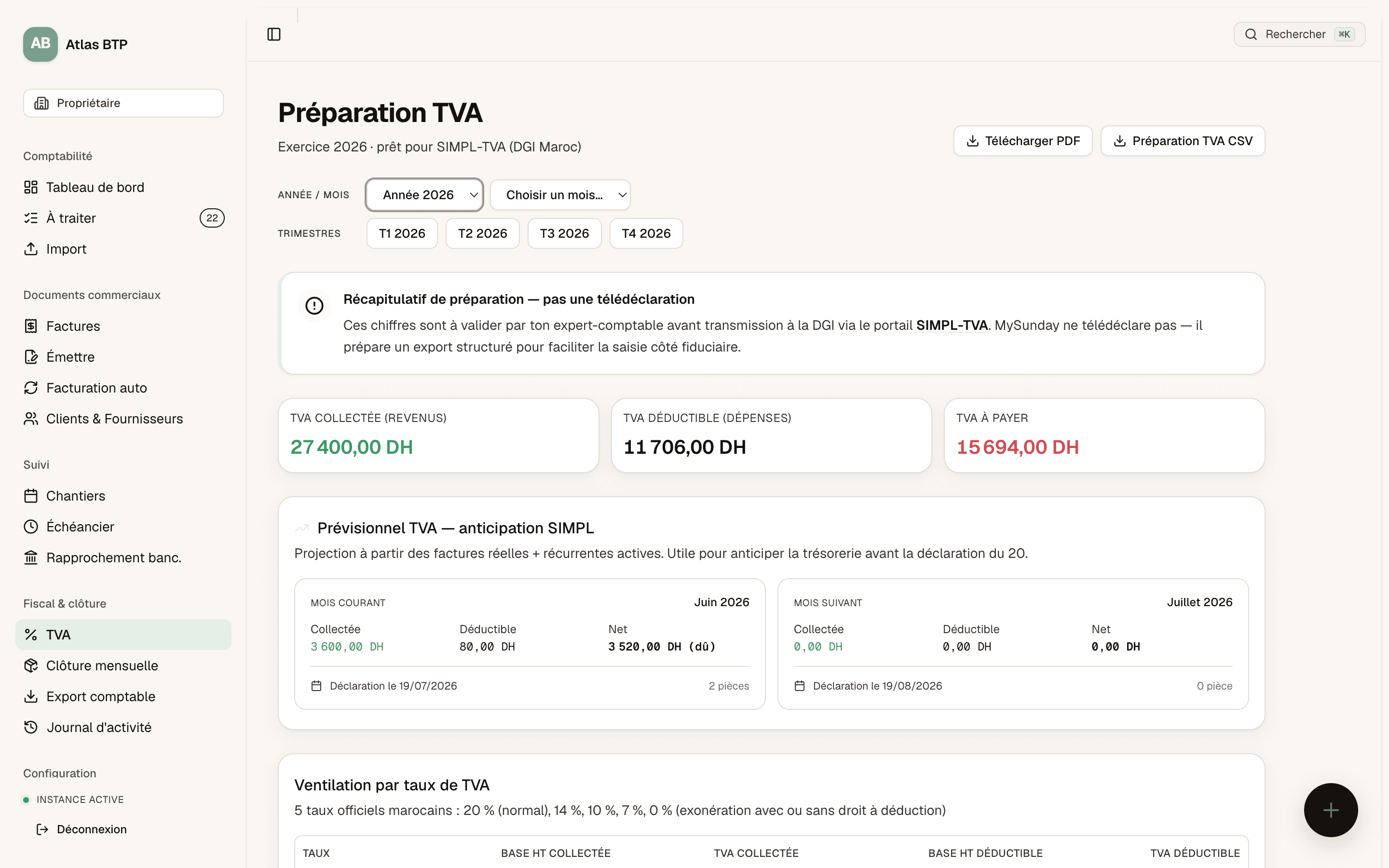 Préparation TVA dans MySunday : TVA collectée, déductible et à payer, ventilation par taux officiels marocains, export SIMPL-TVA
