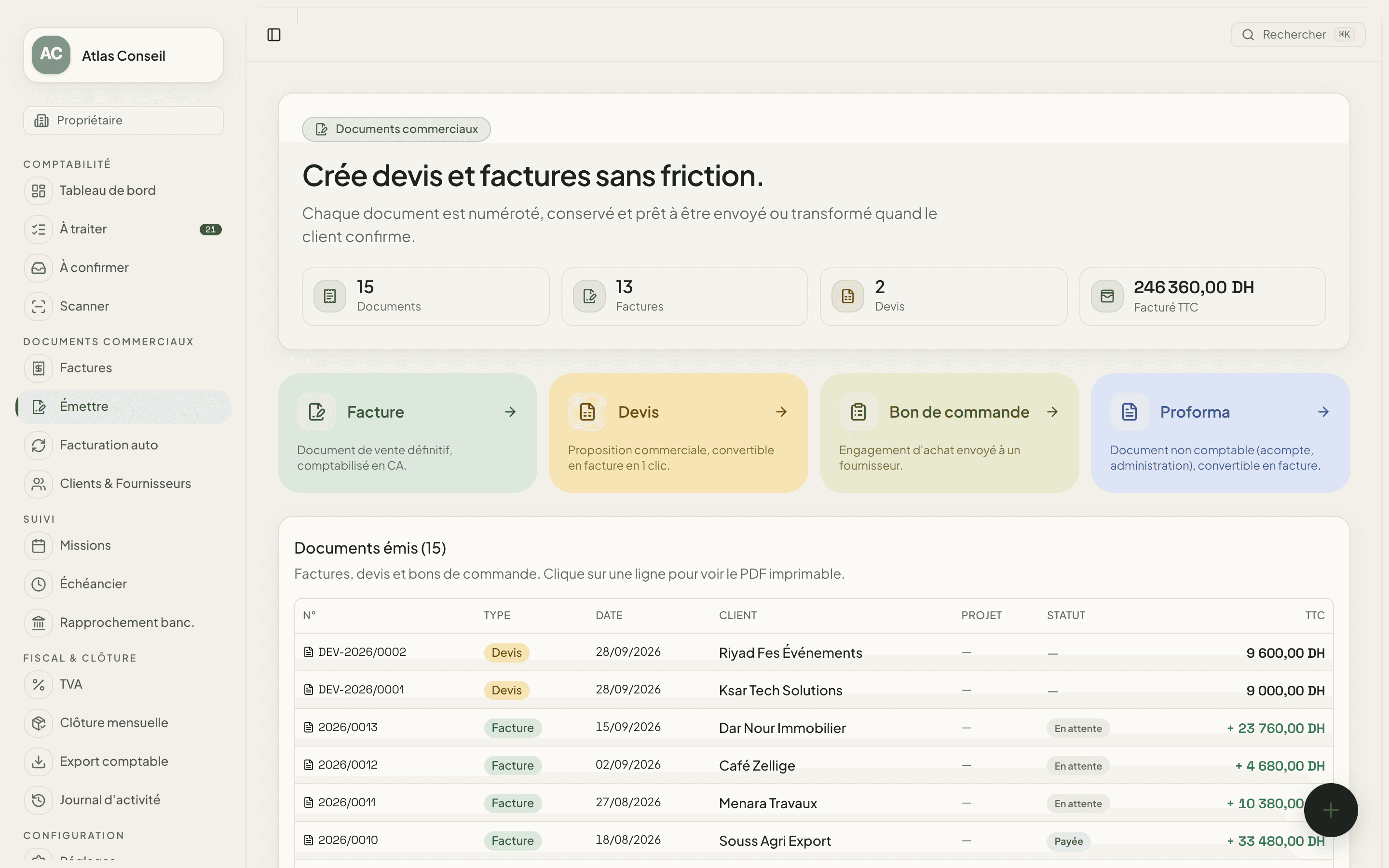 Écran Émettre de MySunday sur des données de démonstration : devis numérotés DEV-2026/0001 et DEV-2026/0002, factures numérotées de 2026/0010 à 2026/0013, montants TTC en dirhams