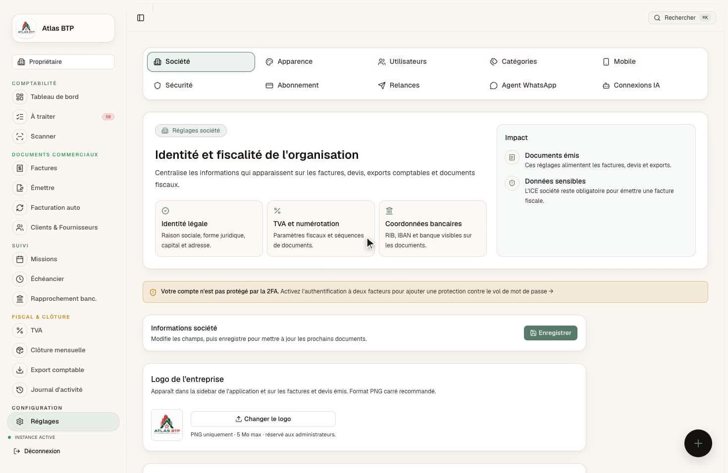 Réglages — ton entreprise